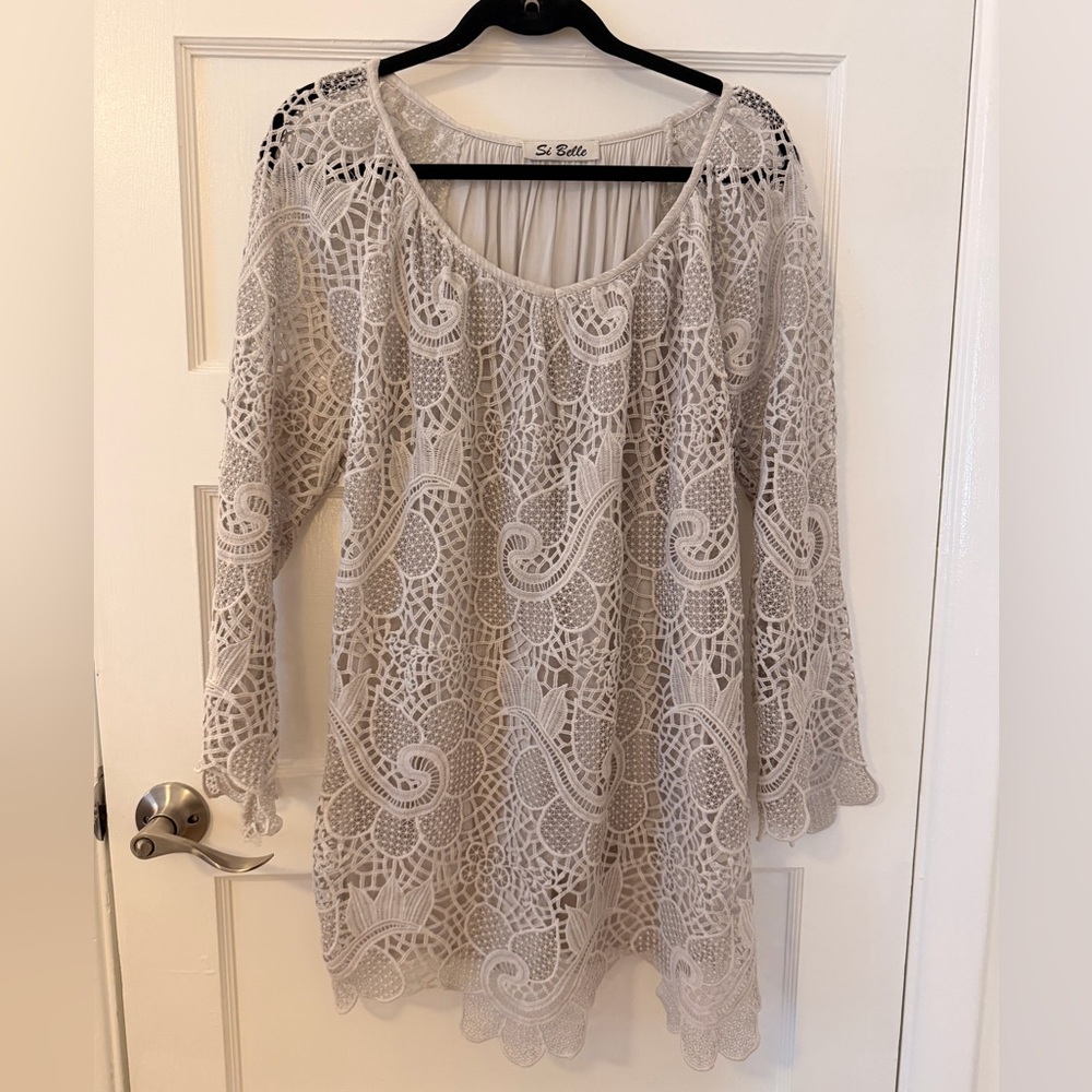 Lace Overlay Women's Top — Light Gray